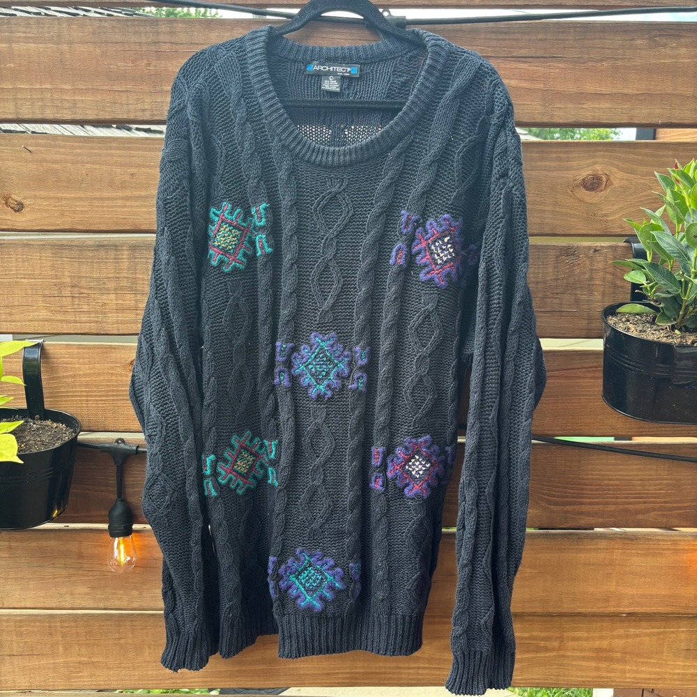 Architect Cable Knit Sweater Mens Large Black Embroidered Pullover